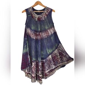 Boho Hippie Sleeveless Tie Dye Rayon Beaded Midi Cover Up Free Size Sundress